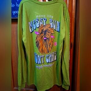 Simply Southern Olive Long Sleeve Shirt With "Messy Life Messy Bun Dont Care".